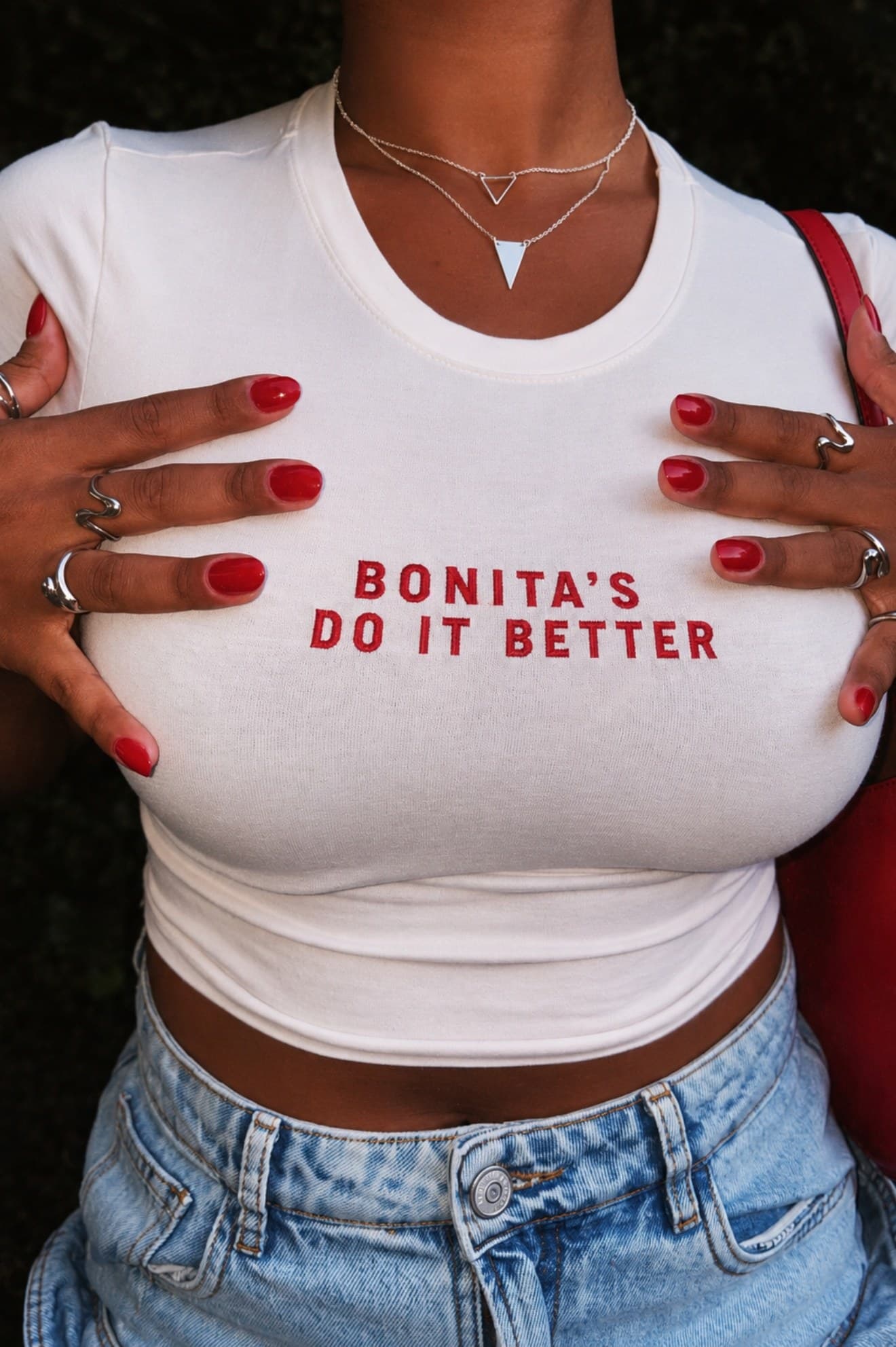 White SOUTELO tee printed with Bonita's Do It Better, worn with light denim